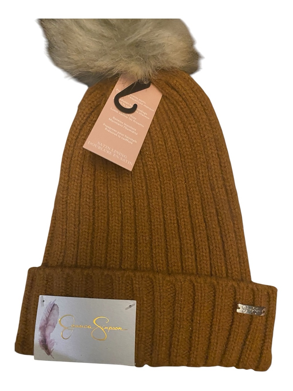 Jessica Simpson Kids Ribbed Pom Beanie - Caramel Brown with Taupe Pom
